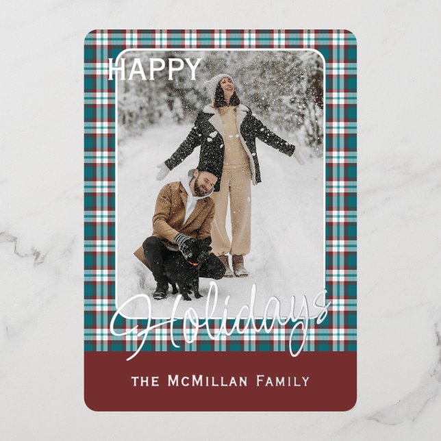 Elegant Classy Rustic Plaid Pattern Gold Foil Holi Holiday Card (Front)