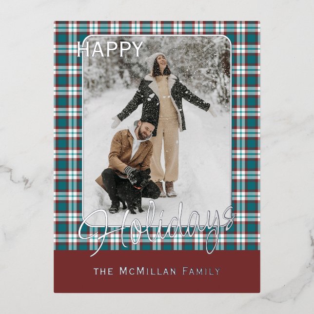 Elegant Classy Rustic Plaid Pattern Gold Foil Holiday Postcard (Front)