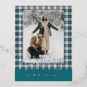 Elegant Classy Rustic Plaid Pattern Gold Foil Holiday Postcard