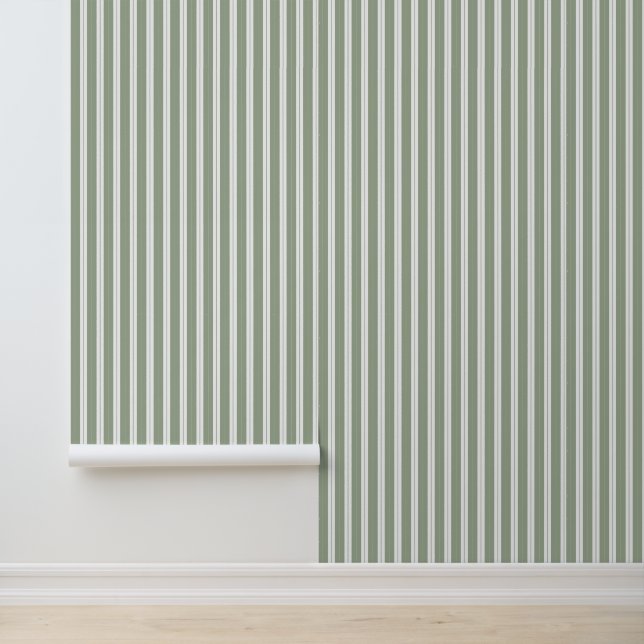 Elegant Classy Sage Green French Ticking Stripes Wallpaper (Application)