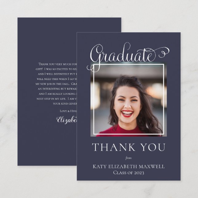 Elegant Classy Script Graduate Photo Blue Thank You Card (Front/Back)