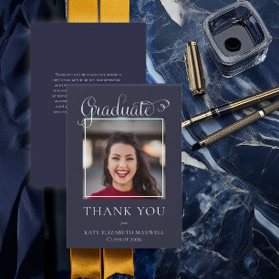 Elegant Classy Script Graduate Photo Blue Thank You Card