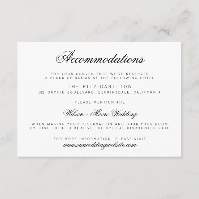 Elegant Classy Script Wedding Accommodations Card (Front)