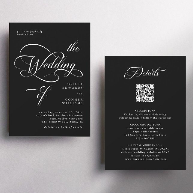 Elegant Classy Script Wedding All in One Black Invitation (Front & Back)