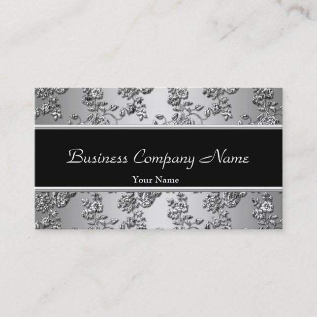 Elegant Classy Silver Black Embossed Floral Business Card (Front)