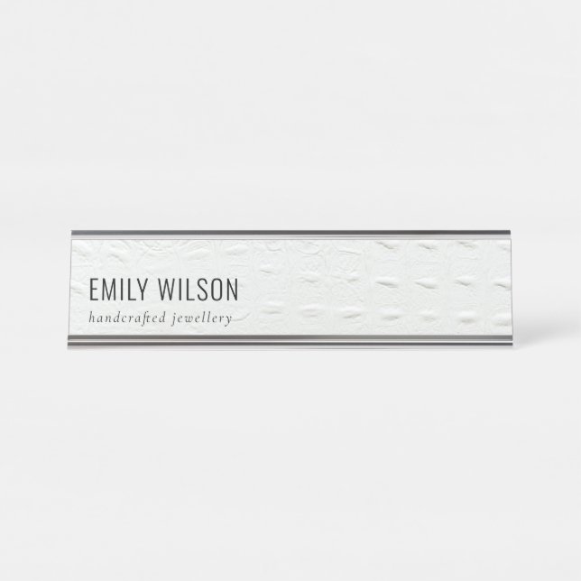 Elegant Classy Simple Ivory White Leather Texture Desk Name Plate (Front)