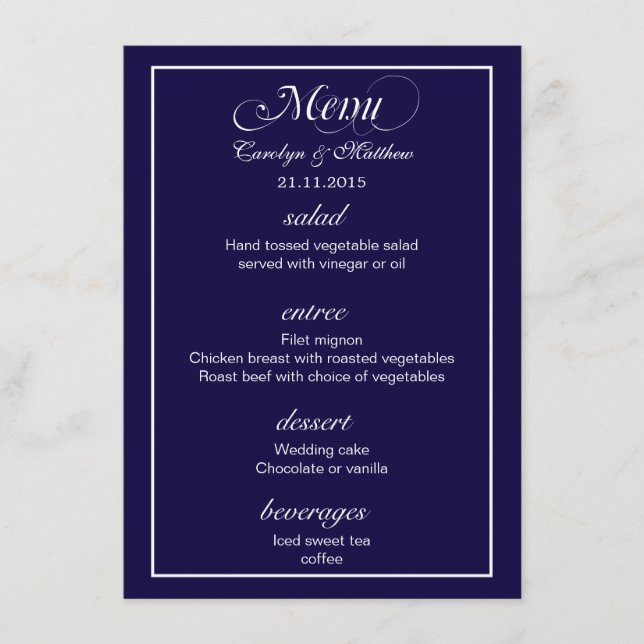 Elegant Classy Simple Navy Blue Wedding Menu (Front)