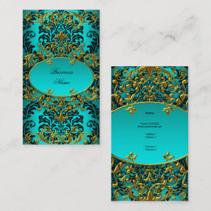 Elegant Classy Teal Blue Gold Damask Floral Business Card