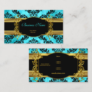 Elegant Classy Teal Blue Gold Damask Floral Business Card