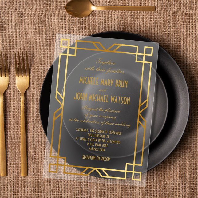 Elegant Classy Transparent Art Deco Gold Wedding Acrylic Invitations (Creator Uploaded)