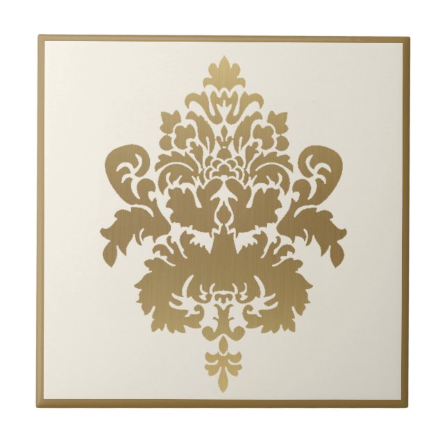 Elegant Classy Vintage White Gold Damask Tile (Front)