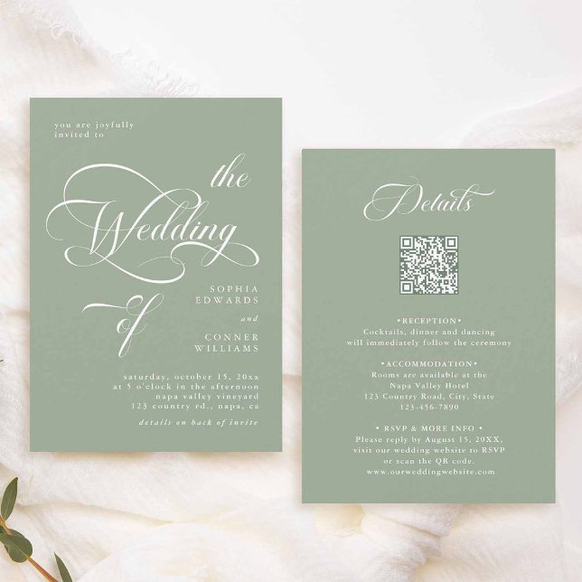 Elegant Classy Wedding All in One Sage Green Invitation (Front & Back)
