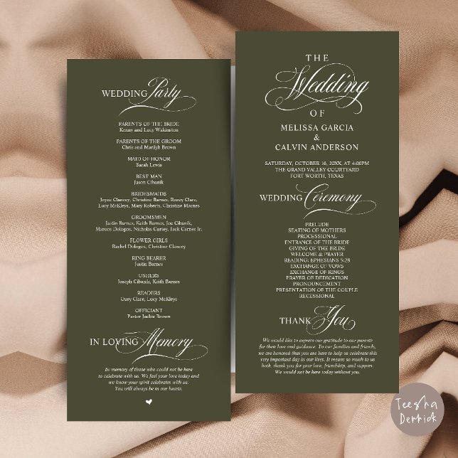 Elegant Classy Wedding Ceremony Order Programme (Elegant Classy Wedding Ceremony Order Program Card in Olive Green)