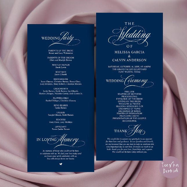 Elegant Classy Wedding Ceremony Order Programme (Elegant Classy Wedding Ceremony Order Program Card in Navy Blue)