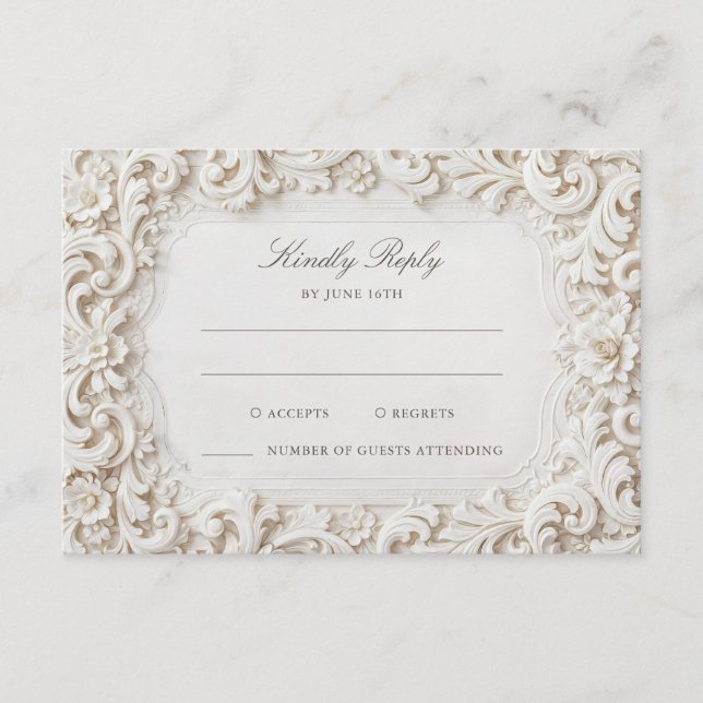 Elegant Classy White Baroque Frame RSVP Enclosure Card (Front)