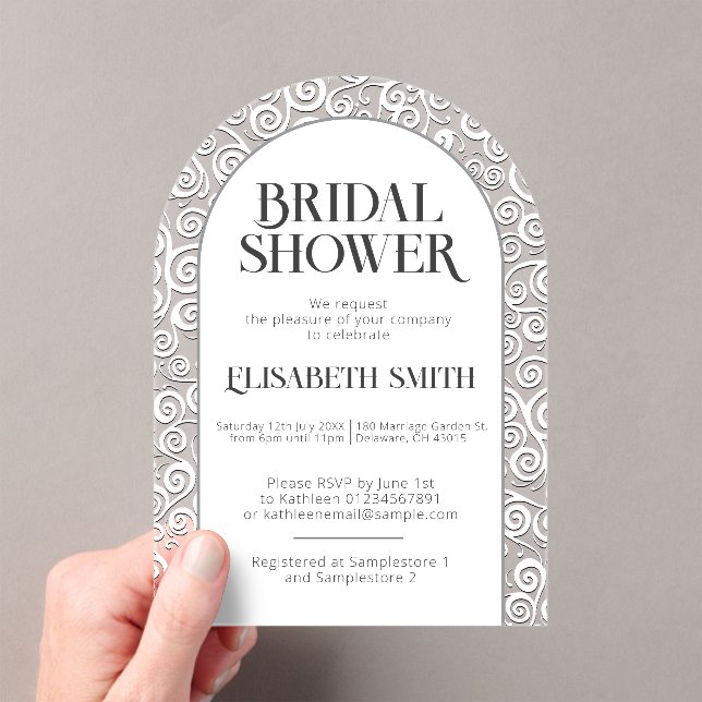 Elegant Classy White Flourish Winter Bridal Shower Acrylic Invitations (Insitu (Handheld))