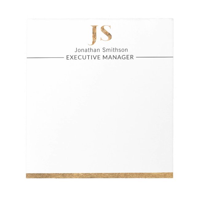 Elegant Classy White & Gold Personalised Monogram  Notepad (Front)