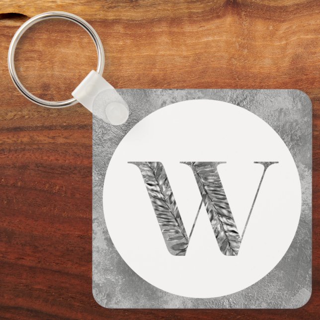  Elegant Classy White Silver Personalized Monogram Key Ring (Front)