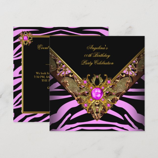 Elegant Classy Zebra Pink Gold Birthday Party Invitation (Front/Back)