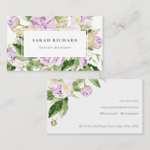 Elegant Clean Purple Green Watercolor Peony Floral Business Card