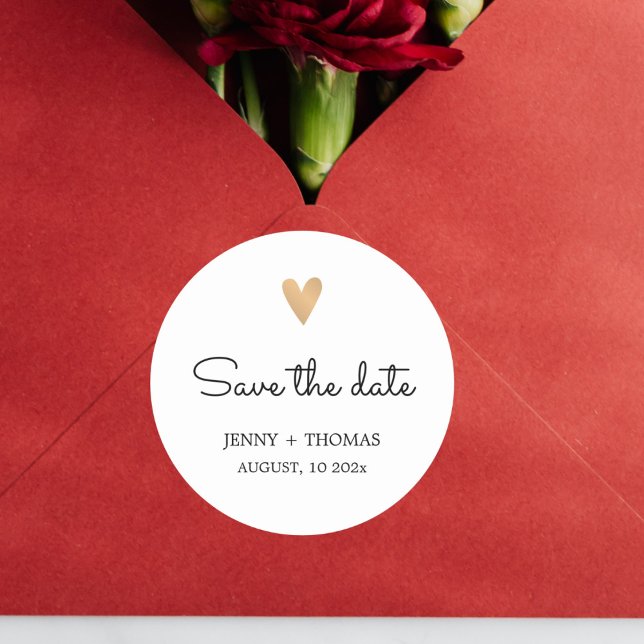 Elegant Clean Wedding Gold Heart Save the date Classic Round Sticker (Creator Uploaded)
