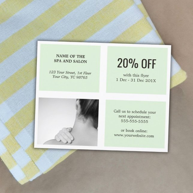 Elegant Clean White Green Photo Massage Therapist Flyer (Creator Uploaded)