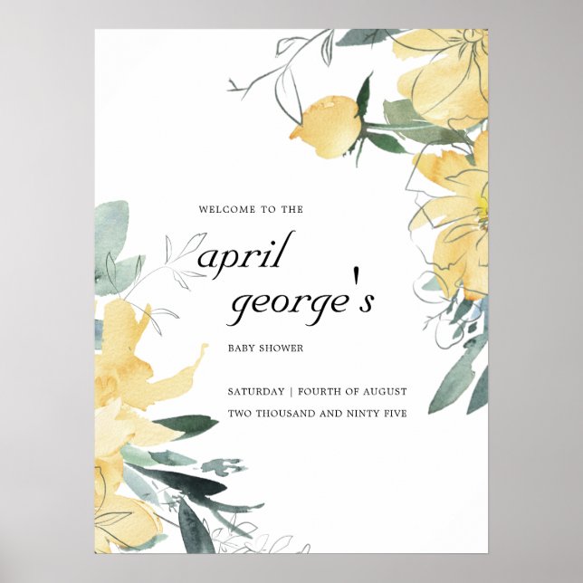 ELEGANT CLEAN YELLOW WATERCOLOR FLORAL BABY SHOWER POSTER (Front)