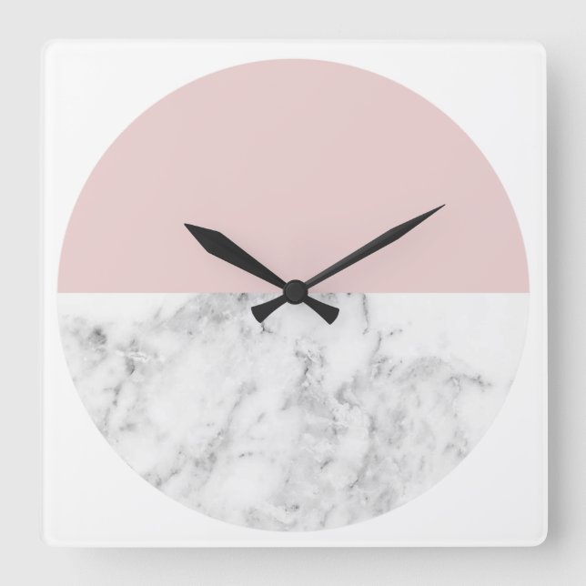 elegant clear blush pink marble geometric circle square wall clock (Front)