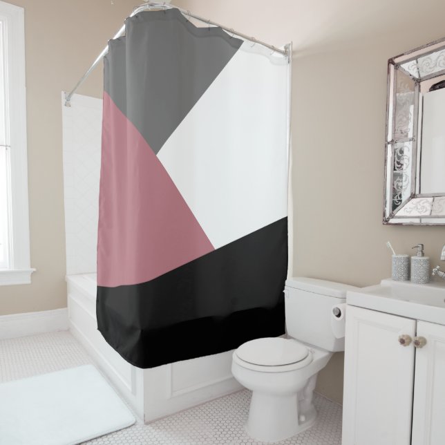 elegant clear dusty pink, black, grey geometrics shower curtain (In Situ)