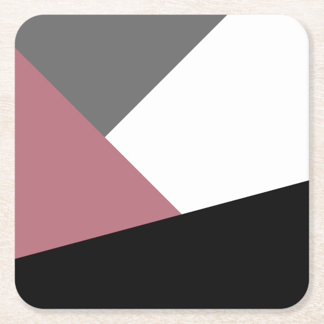 elegant clear dusty pink, black, grey geometrics square paper coaster (Front)