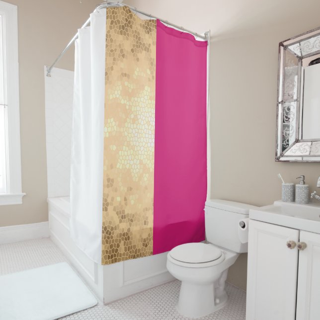 elegant clear faux gold pink white stripes shower curtain (In Situ)