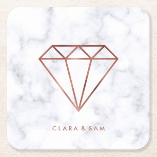 elegant clear faux rose gold diamond white marble square paper coaster