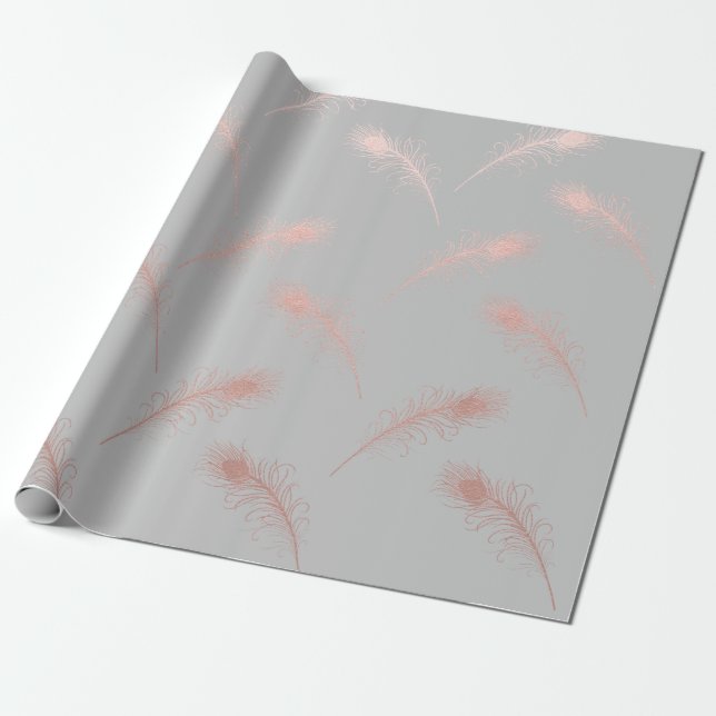 elegant clear faux rose gold feathers pattern wrapping paper (Unrolled)