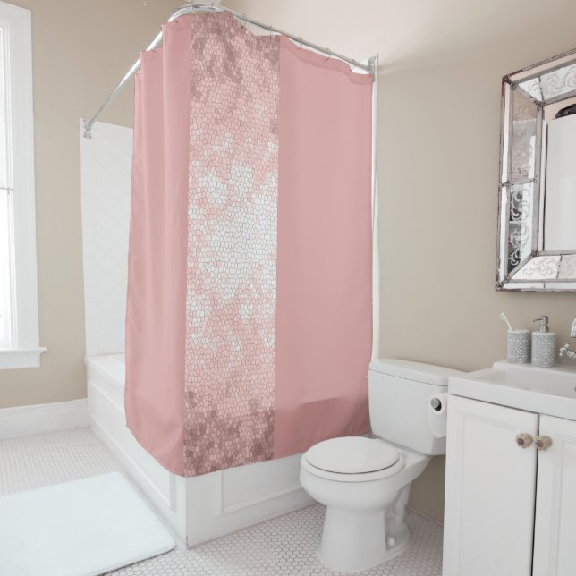 elegant clear faux rose gold pink stripes shower curtain (In Situ)
