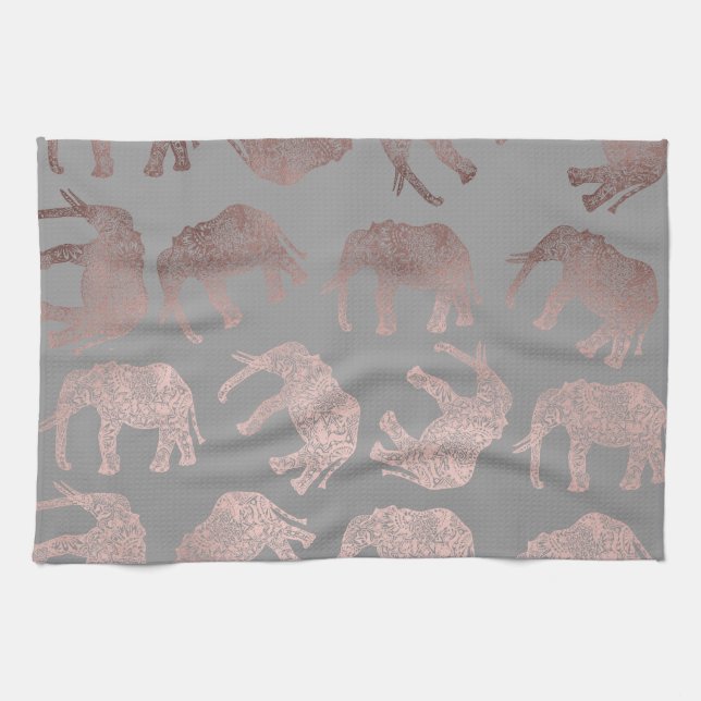 elegant clear rose gold tribal elephant pattern tea towel (Horizontal)