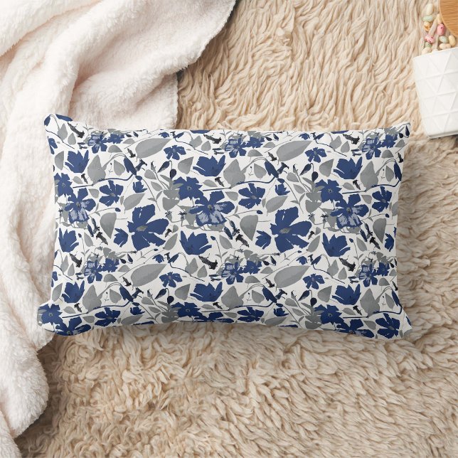 Elegant Clematis Vine Floral Watercolor Lumbar Cushion (Clematis Vine Elegant Blue Gray Flowers home decor pillow from Studio Posies. )