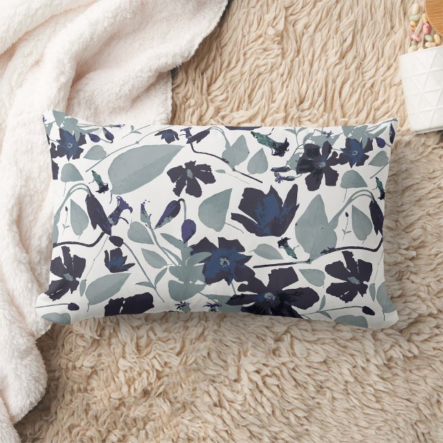 Elegant Clematis Vine Floral Watercolor Lumbar Cushion (Clematis Vine Elegant Blue Gray Flowers home decor pillow from Studio Posies. )