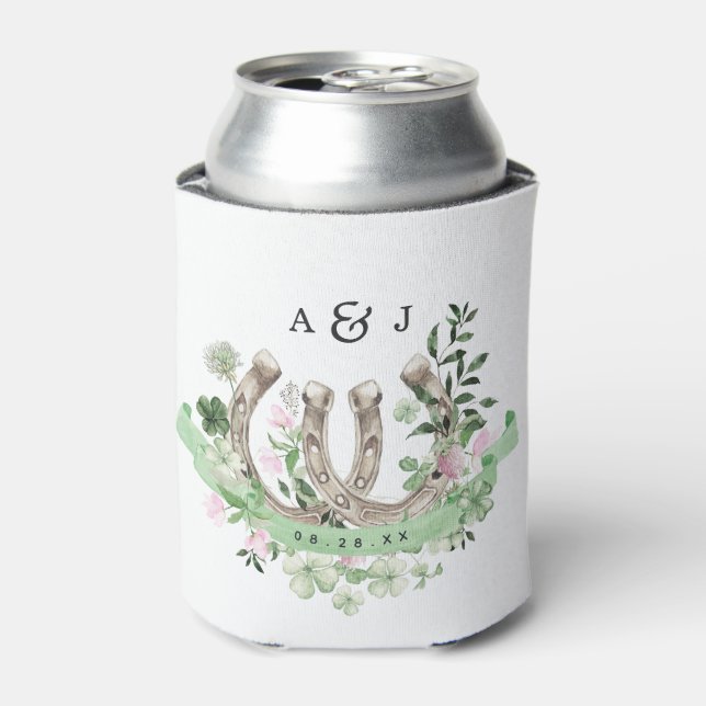 Elegant Clover Horseshoes Botanical Wedding Can Cooler (Can Front)