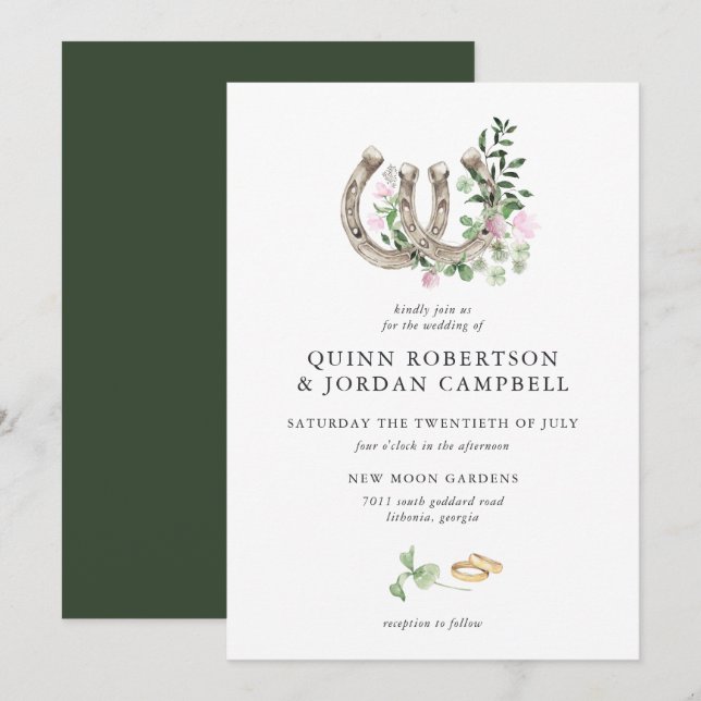 Elegant Clover Horseshoes Botanical Wedding Invitation (Front/Back)