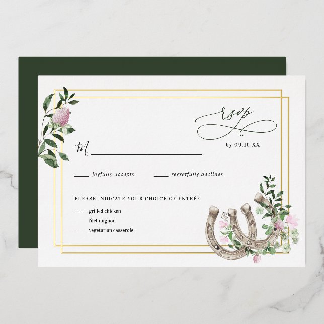 Elegant Clover Horseshoes Botanical Wedding RSVP  (Front/Back)