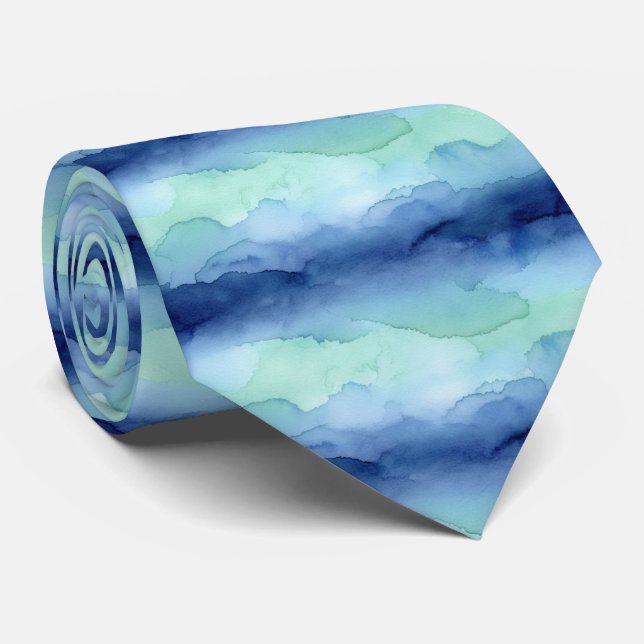 Elegant Coastal and Moody Blues Dynamic Watercolor Tie (Rolled)