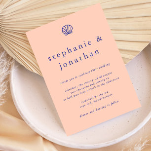 Elegant Coastal Beach Peach Navy Blue Wedding  Invitation