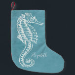 Elegant Coastal Beach Sea Horse Monogram Small Christmas Stocking<br><div class="desc">Elegant blue and white cottage beach house style. White colored sea horse with monogrammed name. Blue background with half tone look.</div>