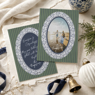 Elegant Coastal Blue Chinoiserie Oval Frame Photo  Holiday Card