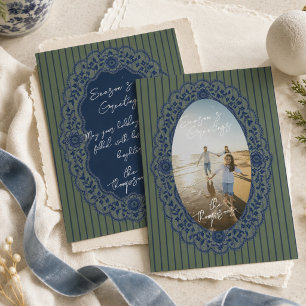 Elegant Coastal Blue Chinoiserie Oval Frame Photo Holiday Card