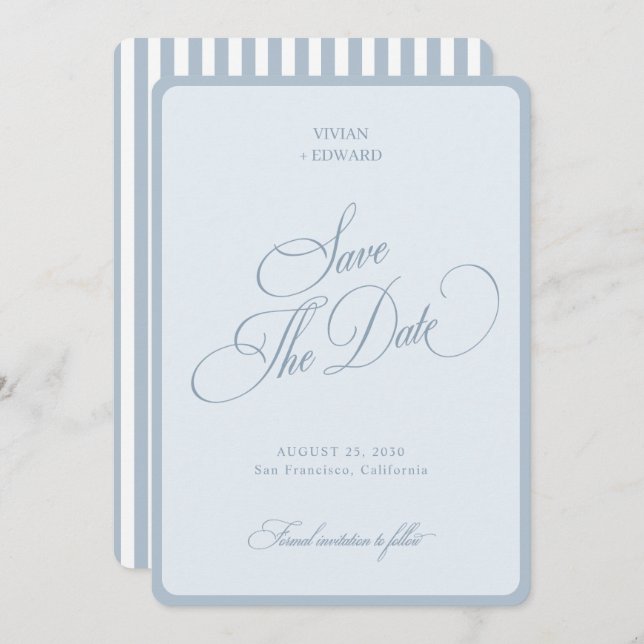 Elegant Coastal Blue Stripes Border Retro Wedding Save The Date (Front/Back)