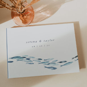 Elegant Coastal Blue Watercolor Fish Wedding Guest Book