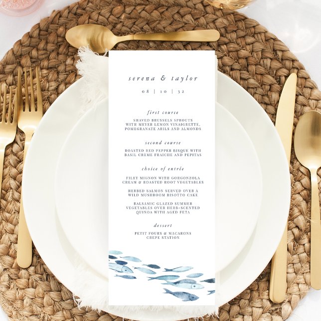 Elegant Coastal Blue Watercolor Fish Wedding Menu (Creator Uploaded)