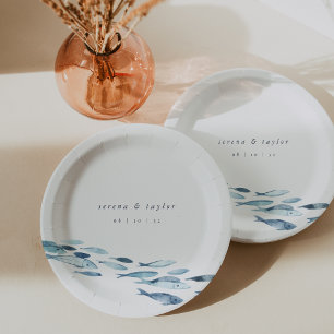 Elegant Coastal Blue Watercolor Fish Wedding Paper Plate