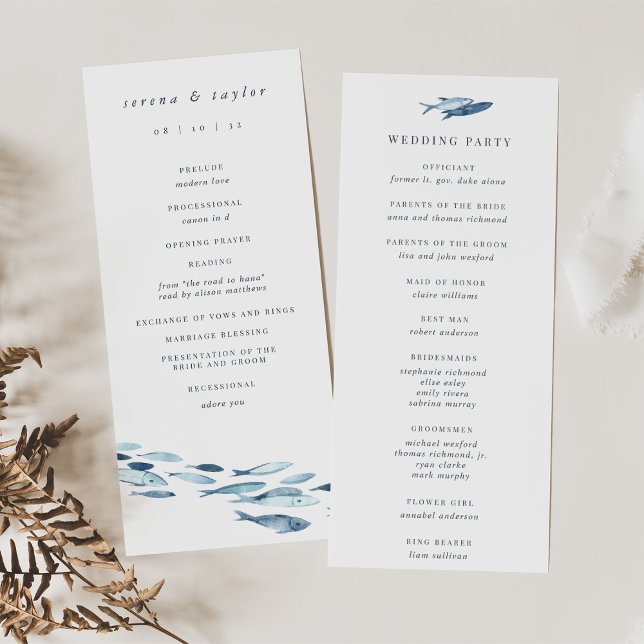 Elegant Coastal Blue Watercolor Fish Wedding Programme (Creator Uploaded)